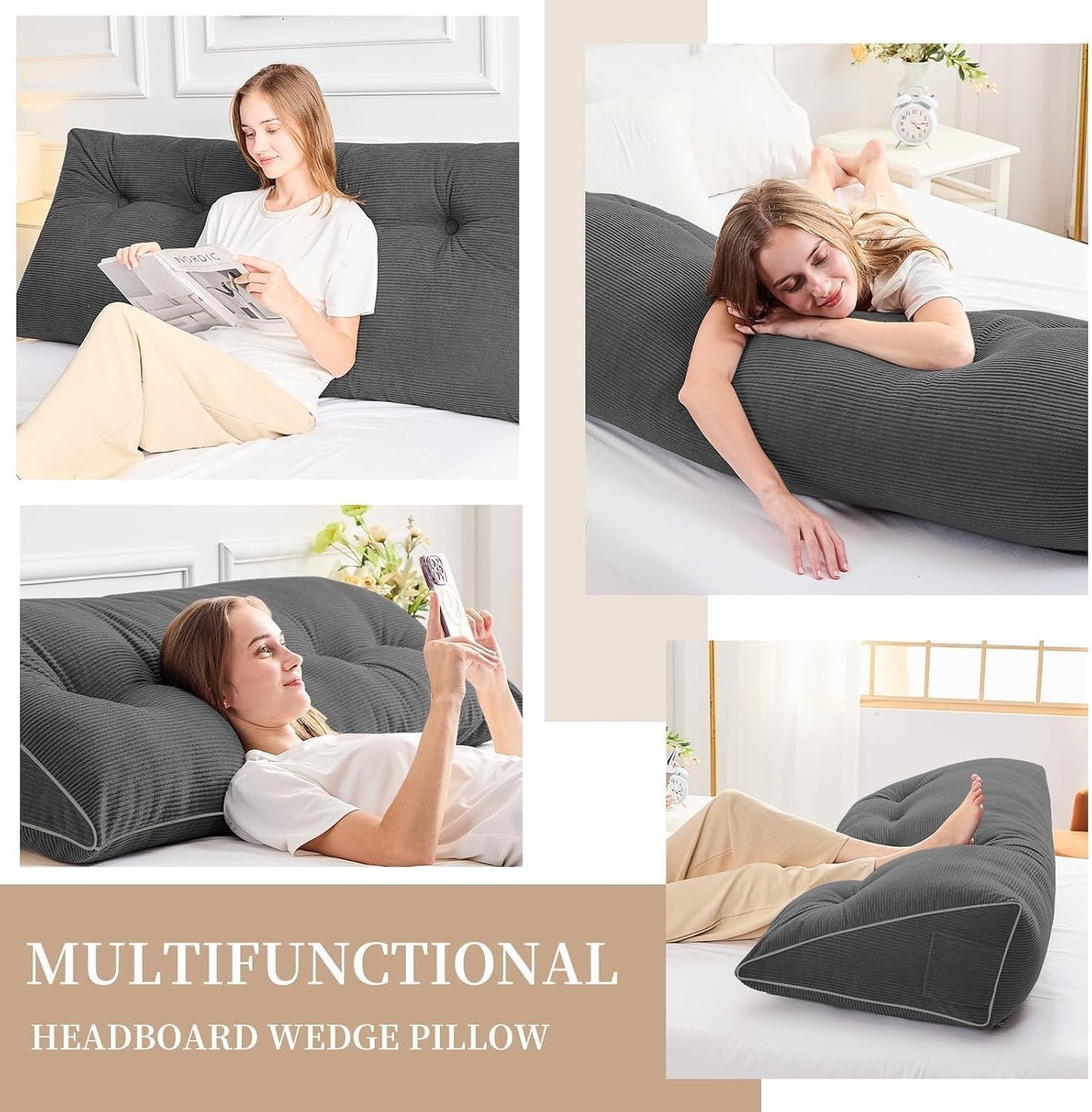 Sasttie Headboard Pillow Queen, Triangular Wedge Pillow Headboard, Wedge Headboard Pillow for Bed Sofa, Daybed Pillows for Sitting up, Reading or Working with Removable Cover, Dark Grey