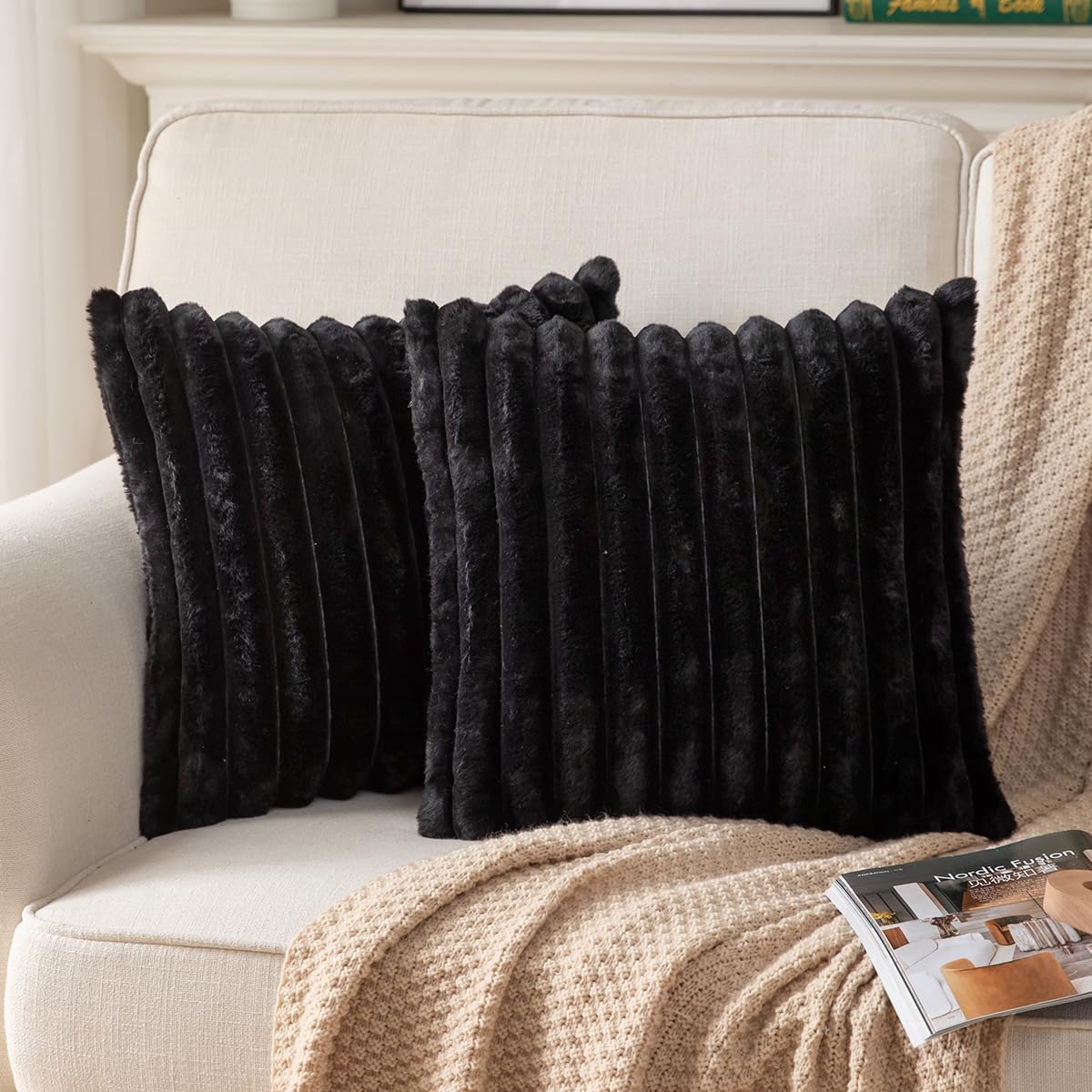 DEELAND Pack of 2,Double-Sided Faux Fur Plush Decorative Throw Pillow Covers Fuzzy Striped Soft Pillowcase Cushion Covers for Sofa Couch Bedroom Home, Cream White