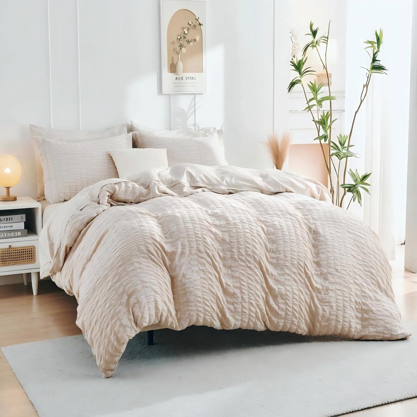 HYMOKEGE Beige Duvet Cover Queen Size, Ultra Soft 3-Piece Seersucker Duvet Cover Set with Zipper Closure, Soft Brushed Microfiber Bedding Set with 8 Corner Ties (90"x90", 2 Pillowshams)