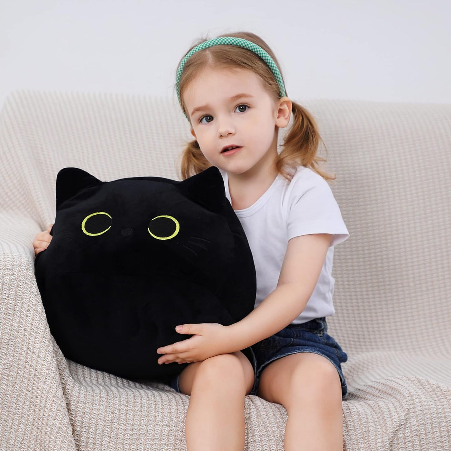 Black Cat Plush Toy 16'' Black Cat Pillow, Soft Plush Doll Black Cat Stuffed Animal, 3D Black Cat Plushies Pillow Baby Cute Plush Toys Shape Cat Design Sofa Fat Pillow Gifts for Boys Girls