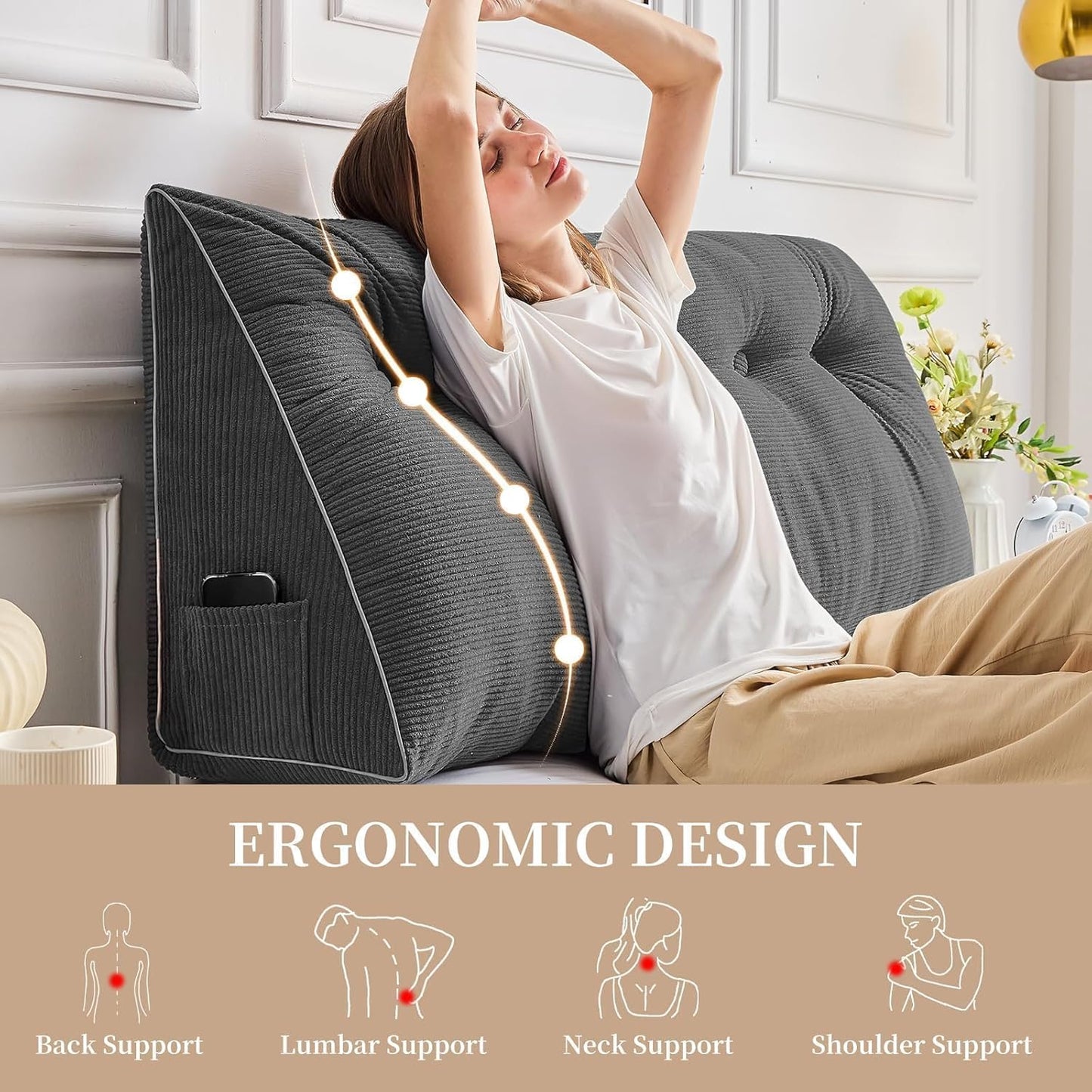 Sasttie Headboard Pillow Queen, Triangular Wedge Pillow Headboard, Wedge Headboard Pillow for Bed Sofa, Daybed Pillows for Sitting up, Reading or Working with Removable Cover, Dark Grey