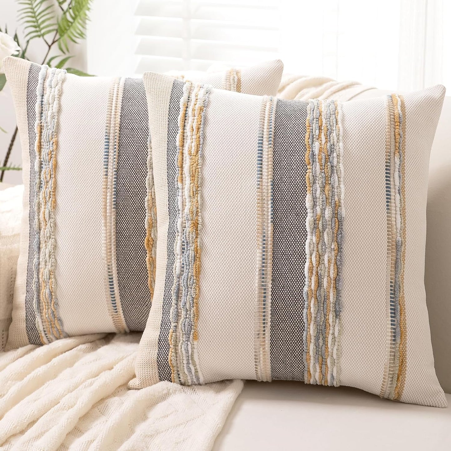 Boho Throw Pillow Covers 18x18 Set of 2 Farmhouse Decorative Cushion Case Striped Square Pillows Cover Chenille Pillow Cases Accent Neutral Pillowcase for Sofa Couch Bed,Sky Blue