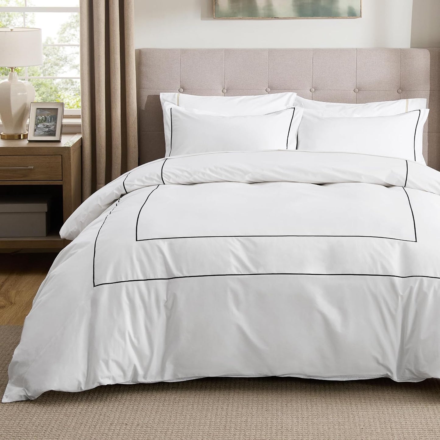 Bedsure Luxury Hotel Duvet Cover King Size, 100% White Cotton Curly Frame Bedding Set, Includes 1 Duvet Cover 104x90 Inches with Zipper Closure & 2 Pillow Shams, Comforter Sold Separately