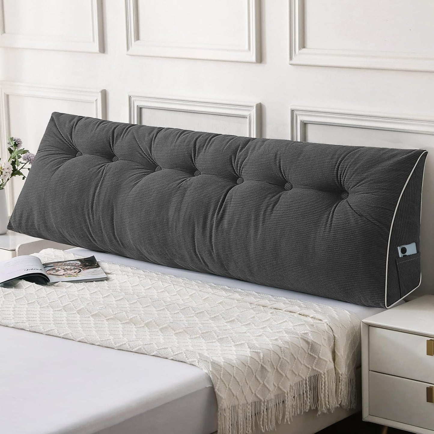 Sasttie Headboard Pillow Queen, Triangular Wedge Pillow Headboard, Wedge Headboard Pillow for Bed Sofa, Daybed Pillows for Sitting up, Reading or Working with Removable Cover, Dark Grey