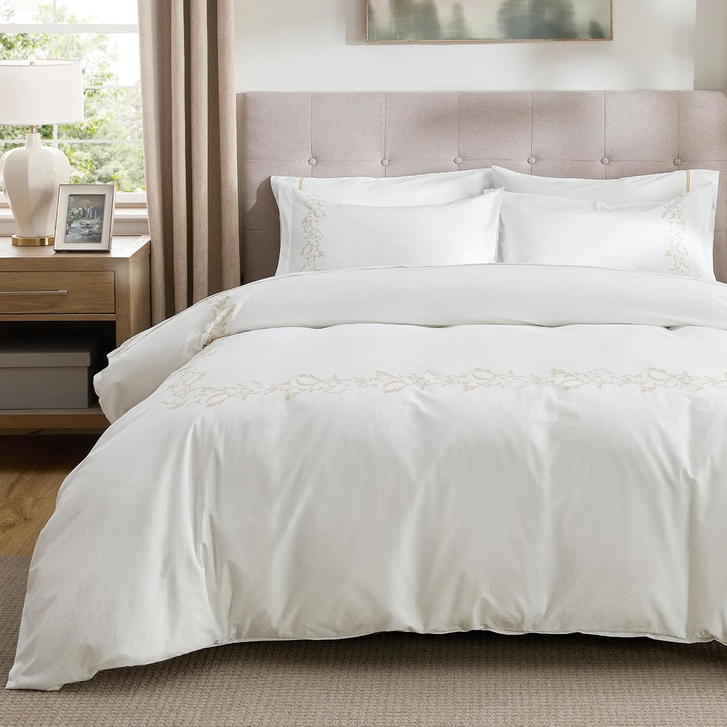 Bedsure Luxury Hotel Duvet Cover King Size, 100% White Cotton Curly Frame Bedding Set, Includes 1 Duvet Cover 104x90 Inches with Zipper Closure & 2 Pillow Shams, Comforter Sold Separately