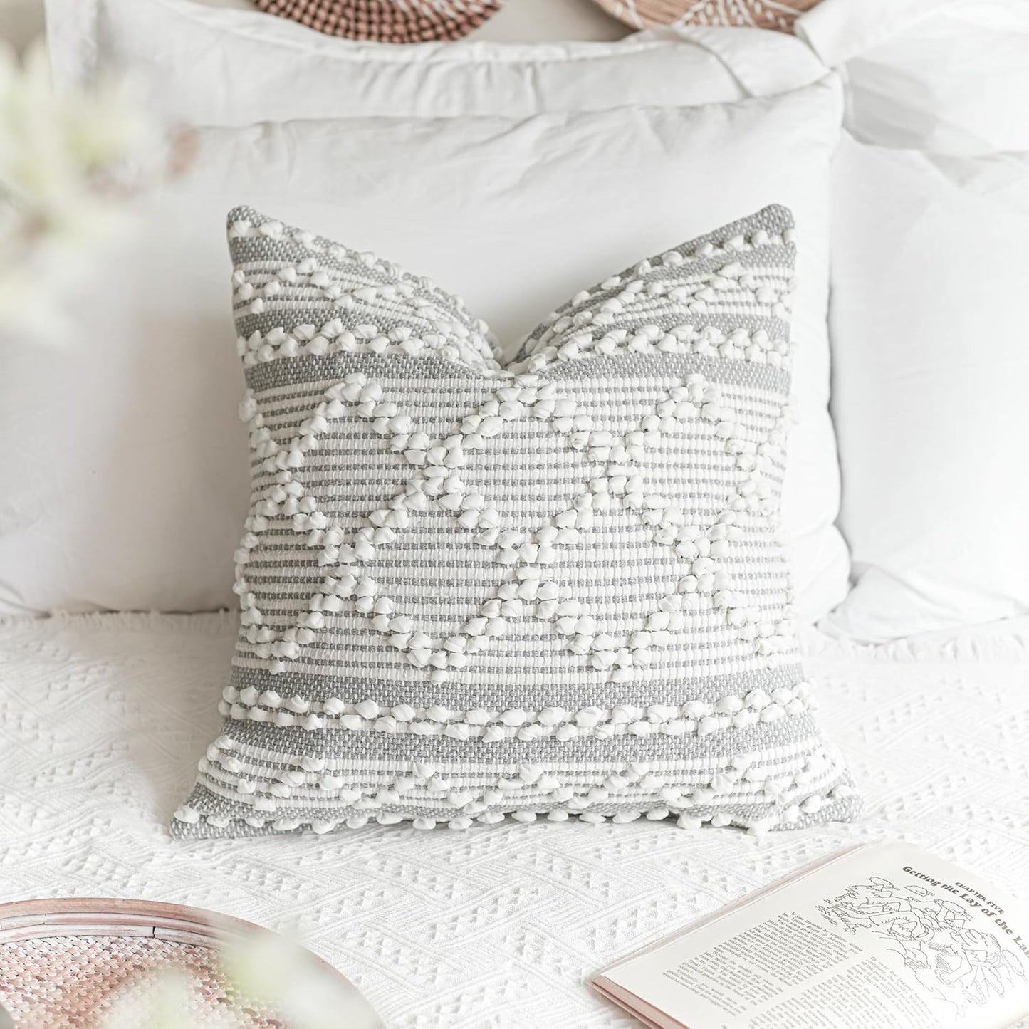Gray Decorative Lumbar Pillow Cover 14x36, Boho Long Throw Pillow for Bed, Accent Lumbar Throw Pillow Case, Modern Farmhouse Textured Lumbar Cushion (Cover ONLY)