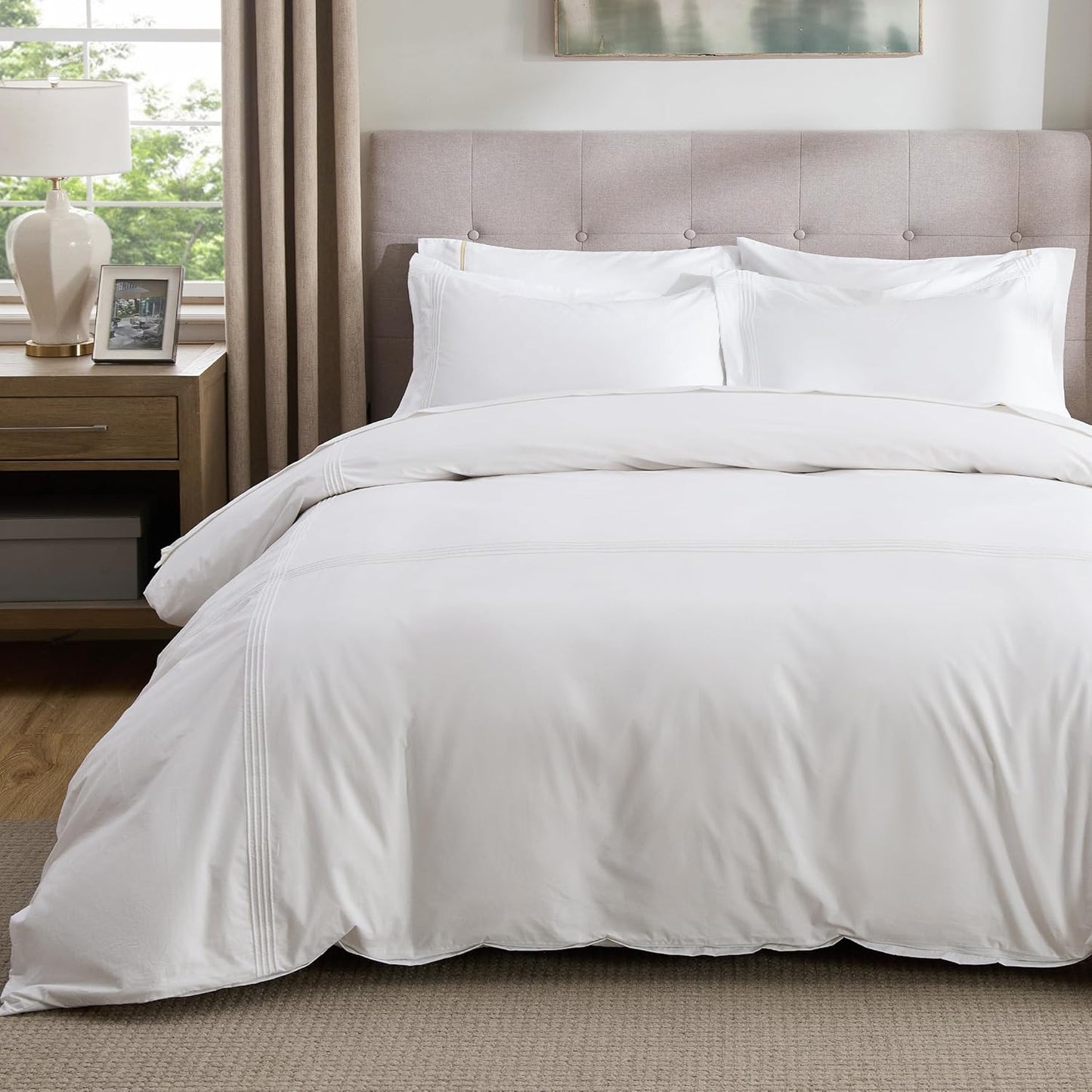 Bedsure Luxury Hotel Duvet Cover King Size, 100% White Cotton Curly Frame Bedding Set, Includes 1 Duvet Cover 104x90 Inches with Zipper Closure & 2 Pillow Shams, Comforter Sold Separately