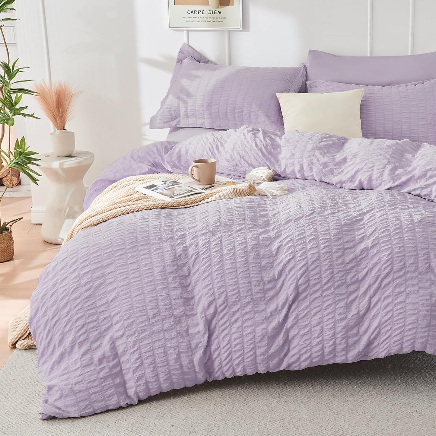 HYMOKEGE Beige Duvet Cover Queen Size, Ultra Soft 3-Piece Seersucker Duvet Cover Set with Zipper Closure, Soft Brushed Microfiber Bedding Set with 8 Corner Ties (90"x90", 2 Pillowshams)