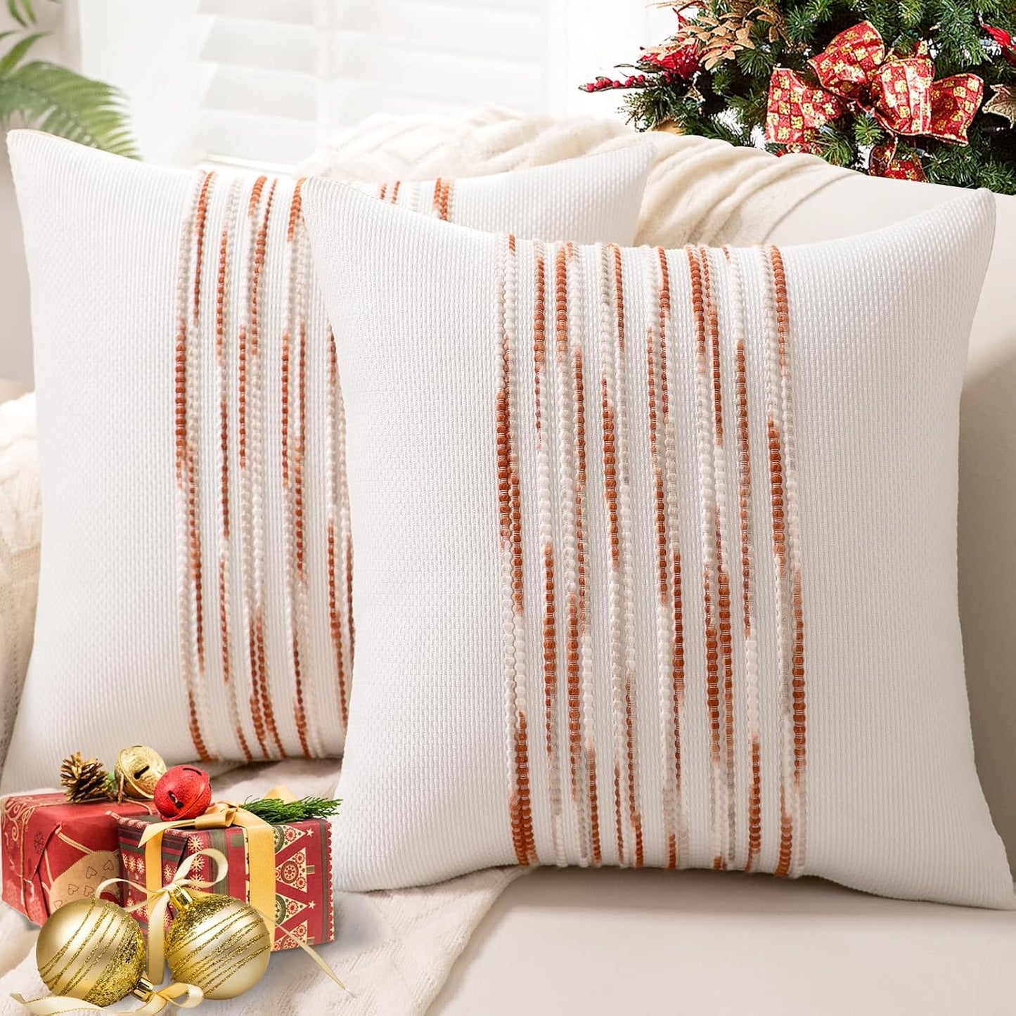 Boho Throw Pillow Covers 18x18 Set of 2 Farmhouse Decorative Cushion Case Striped Square Pillows Cover Chenille Pillow Cases Accent Neutral Pillowcase for Sofa Couch Bed,Sky Blue