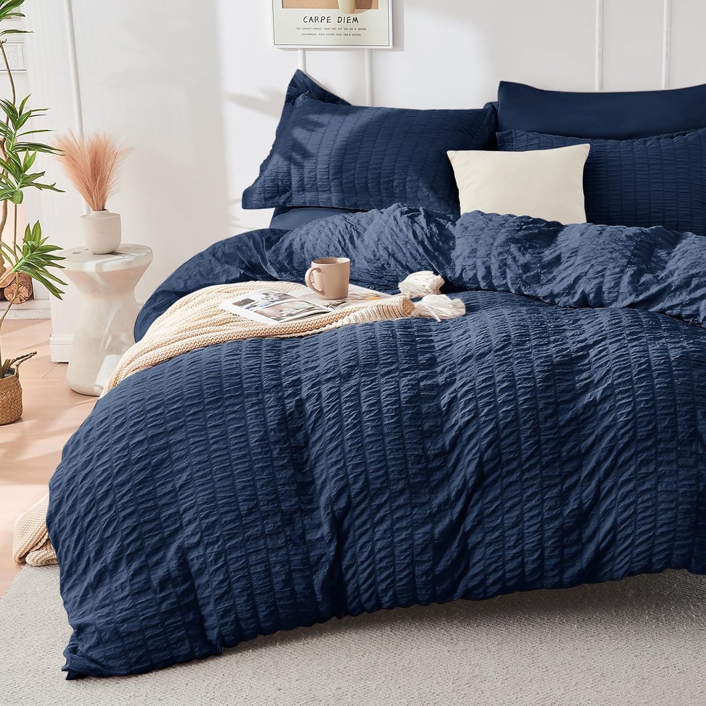 HYMOKEGE Beige Duvet Cover Queen Size, Ultra Soft 3-Piece Seersucker Duvet Cover Set with Zipper Closure, Soft Brushed Microfiber Bedding Set with 8 Corner Ties (90"x90", 2 Pillowshams)