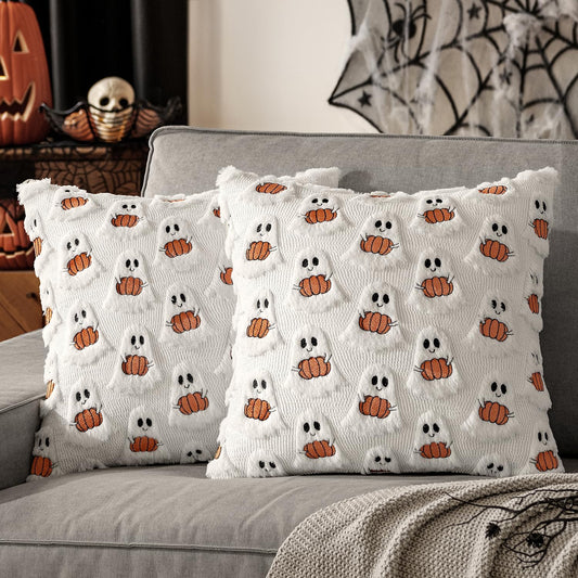 MIULEE Halloween Pillow Covers Decorative Fall Cute Ghost Plush Faux Fur Pillows 20x20 Inch Set of 2 Soft Pumpkin Accents for Sofa Couch Bed Living Room Festive Home Decor, White Rust