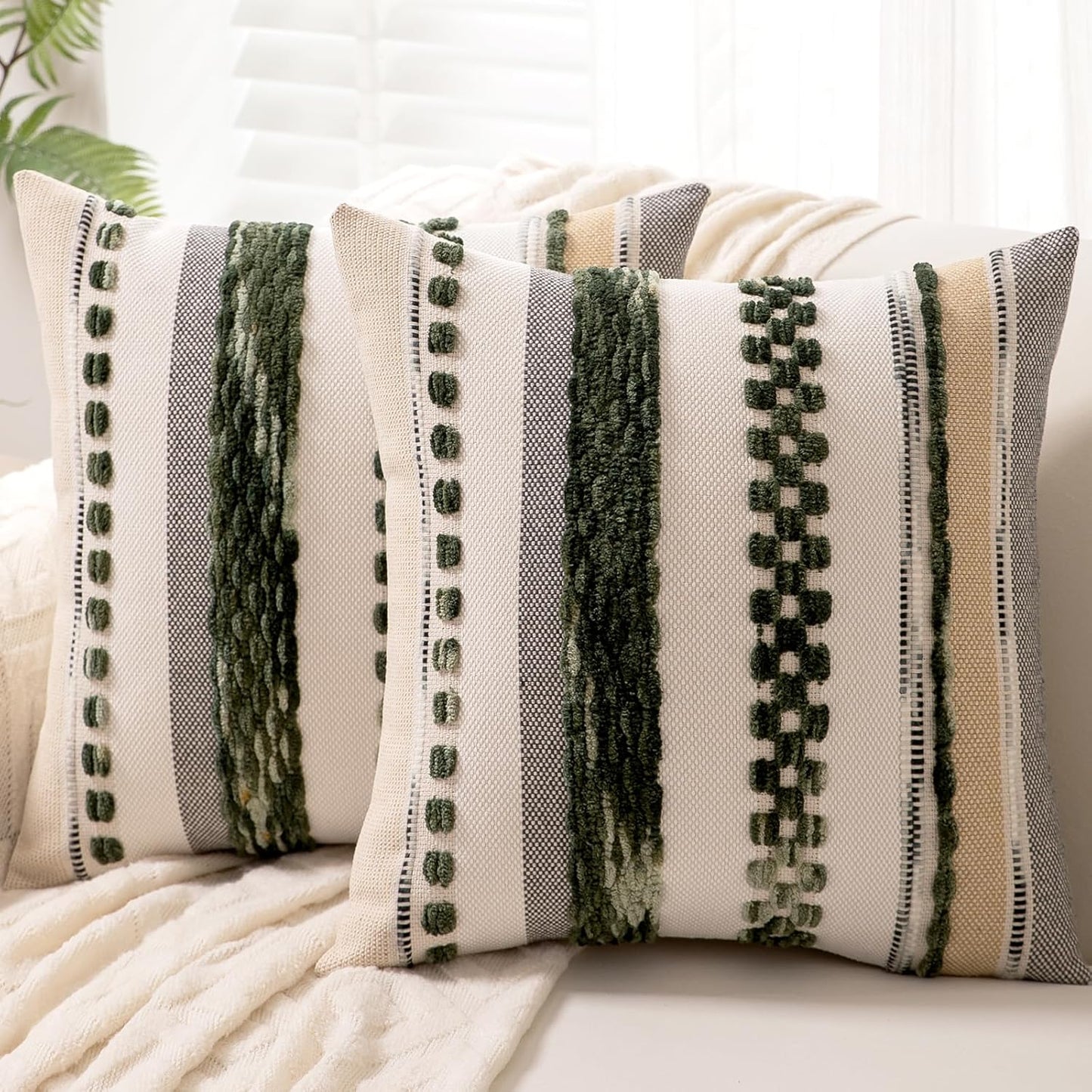 Boho Throw Pillow Covers 18x18 Set of 2 Farmhouse Decorative Cushion Case Striped Square Pillows Cover Chenille Pillow Cases Accent Neutral Pillowcase for Sofa Couch Bed,Sky Blue