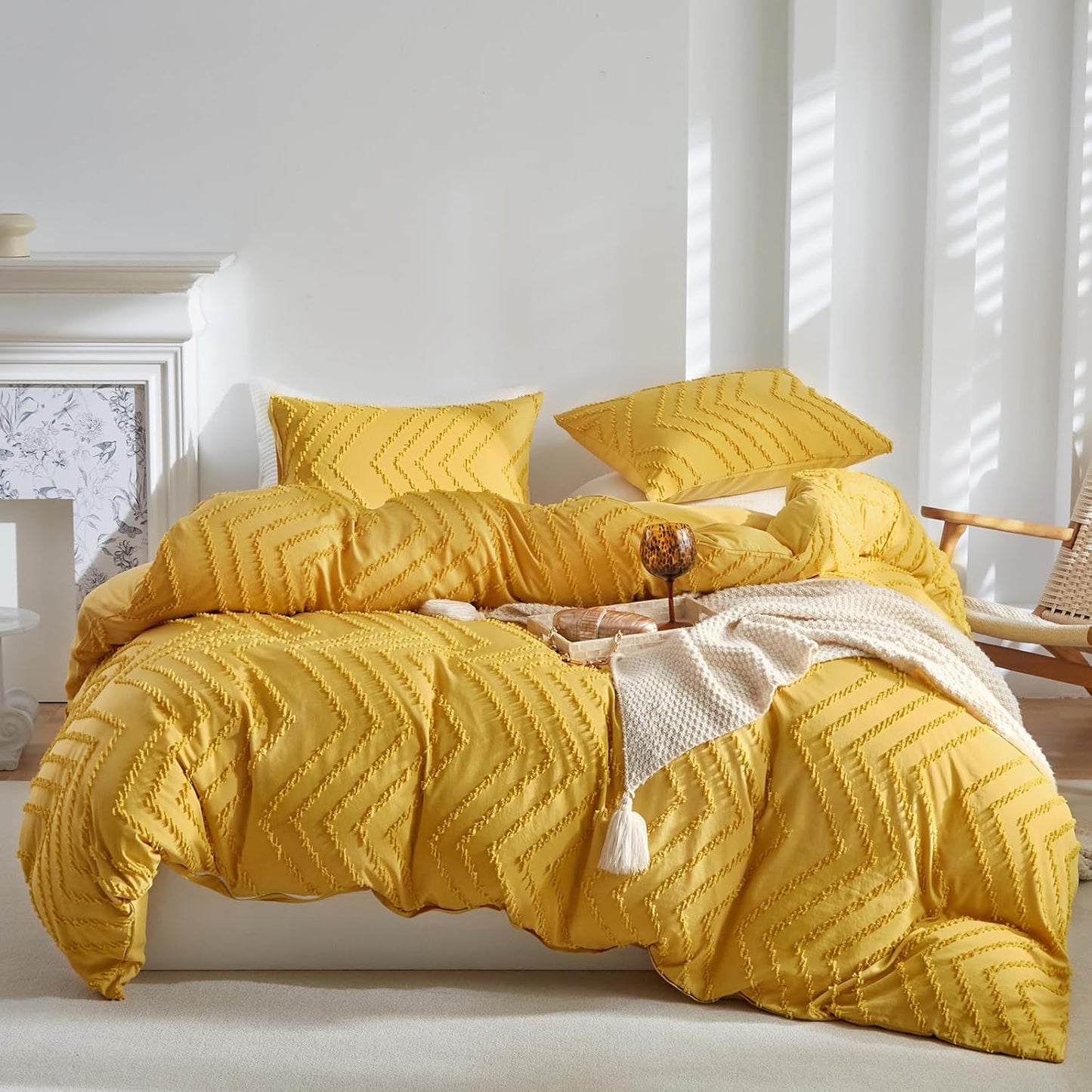 WARMDERN White Boho Duvet Cover Set King Size, Striped Textured Duvet Cover Tufted Bedding Set, 3 Pcs Ultra Soft Washed Microfiber Duvet Cover with Zipper Closure (King, White)