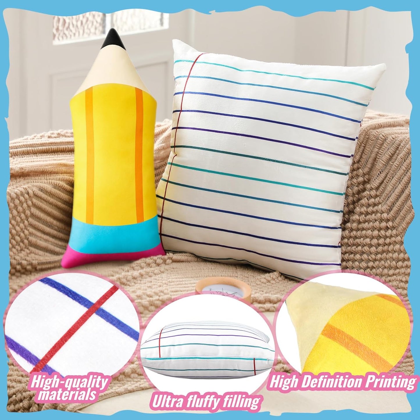 2 Pcs Cute Pencil Notebook Pillows Back to School Classroom Gift Large Plush Throw Pillow Creative Cute Reading Room Sofa Decoration for Back to School Birthday Gift