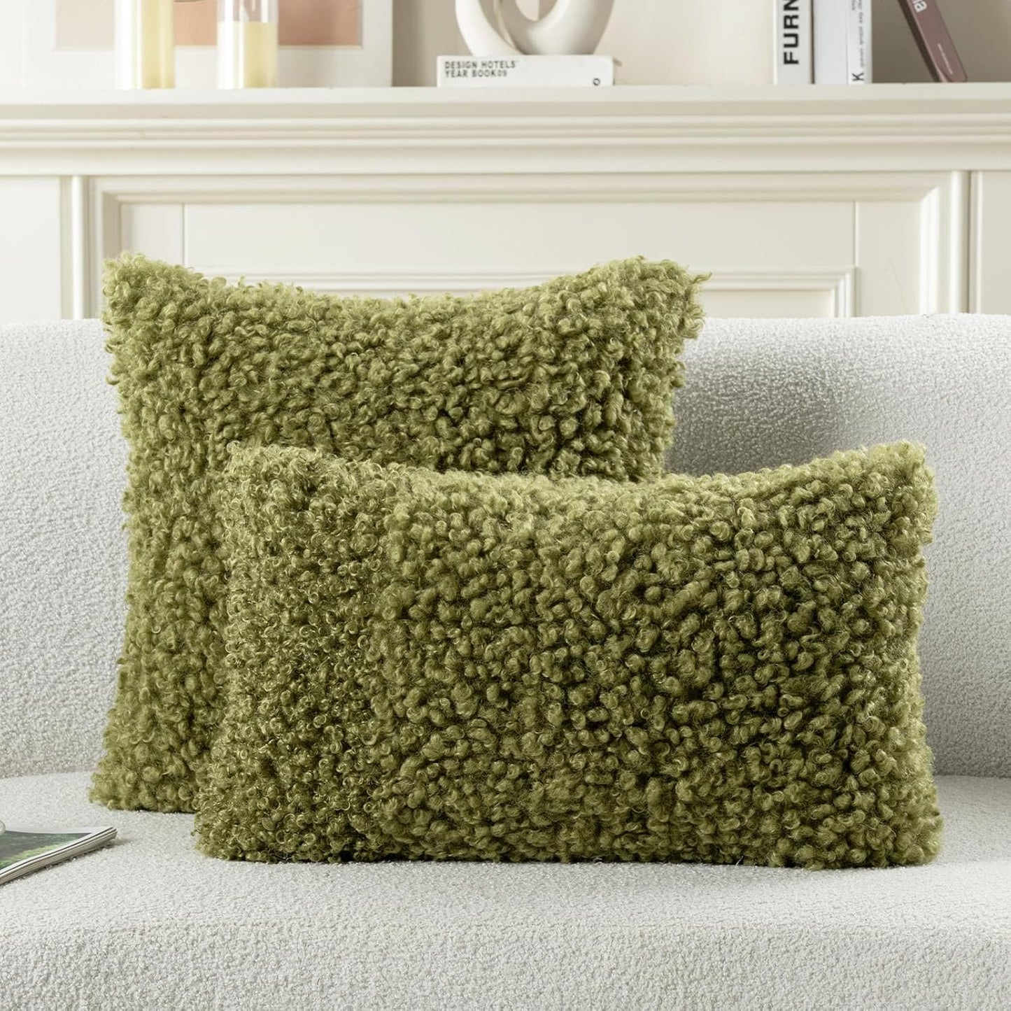 FUTEI Olive Green Decorative Throw Pillow Covers 18x18 Inch Set of 2,Soft Fluffy Faux Wool Fur Boucle Textured Cushion Case,Modern Home Decor for Couch Bed Living Room Office