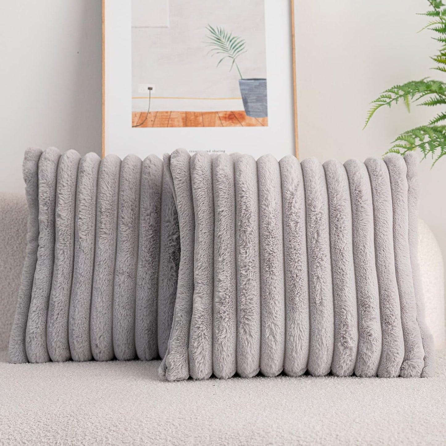 DEELAND Pack of 2,Double-Sided Faux Fur Plush Decorative Throw Pillow Covers Fuzzy Striped Soft Pillowcase Cushion Covers for Sofa Couch Bedroom Home, Cream White