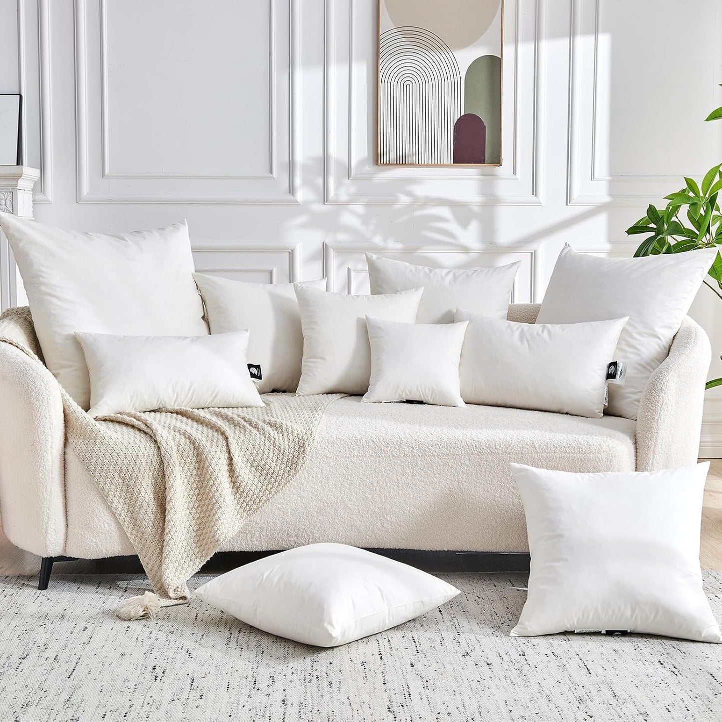 Feathers Down Throw Pillow Inserts 22x22, Set of 2, 100% Organic Cotton Shell, Soft Decorative Square Pillows Insert for Living Room Sofa, Couch, or Bed (White)