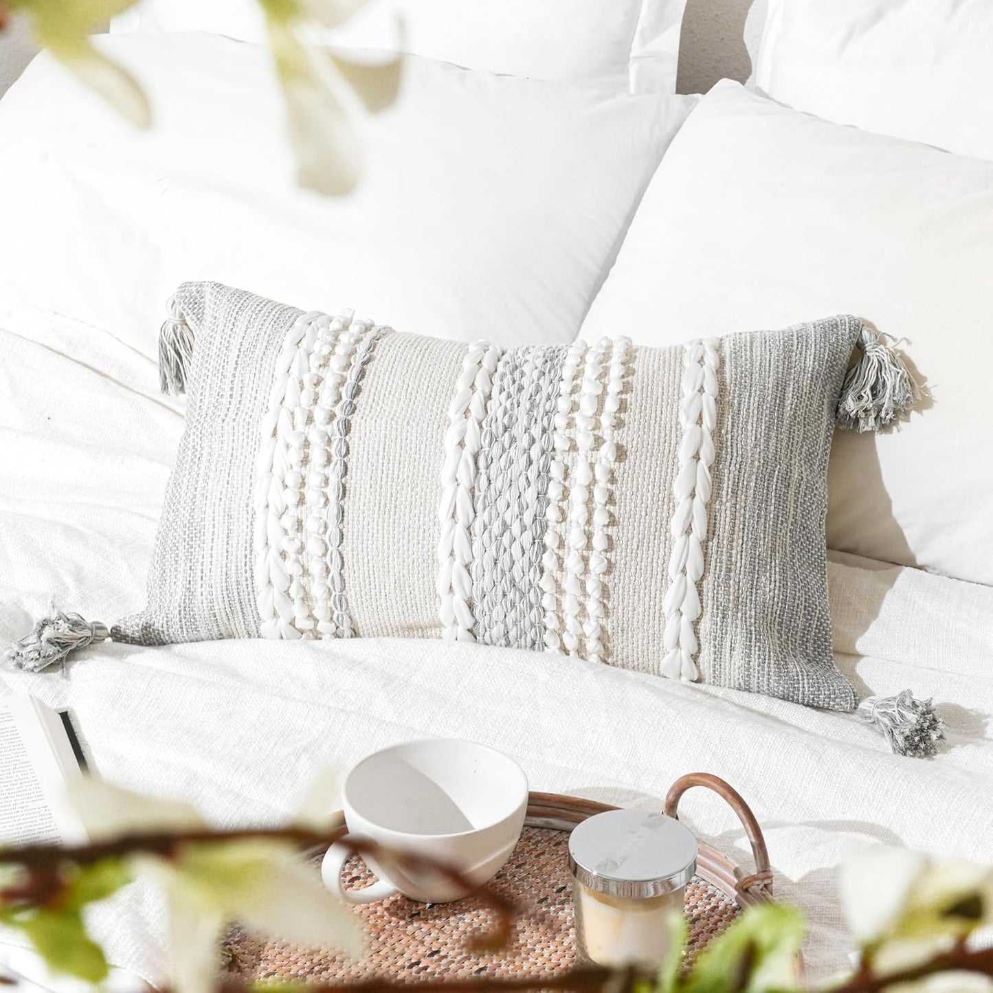 Gray Decorative Lumbar Pillow Cover 14x36, Boho Long Throw Pillow for Bed, Accent Lumbar Throw Pillow Case, Modern Farmhouse Textured Lumbar Cushion (Cover ONLY)