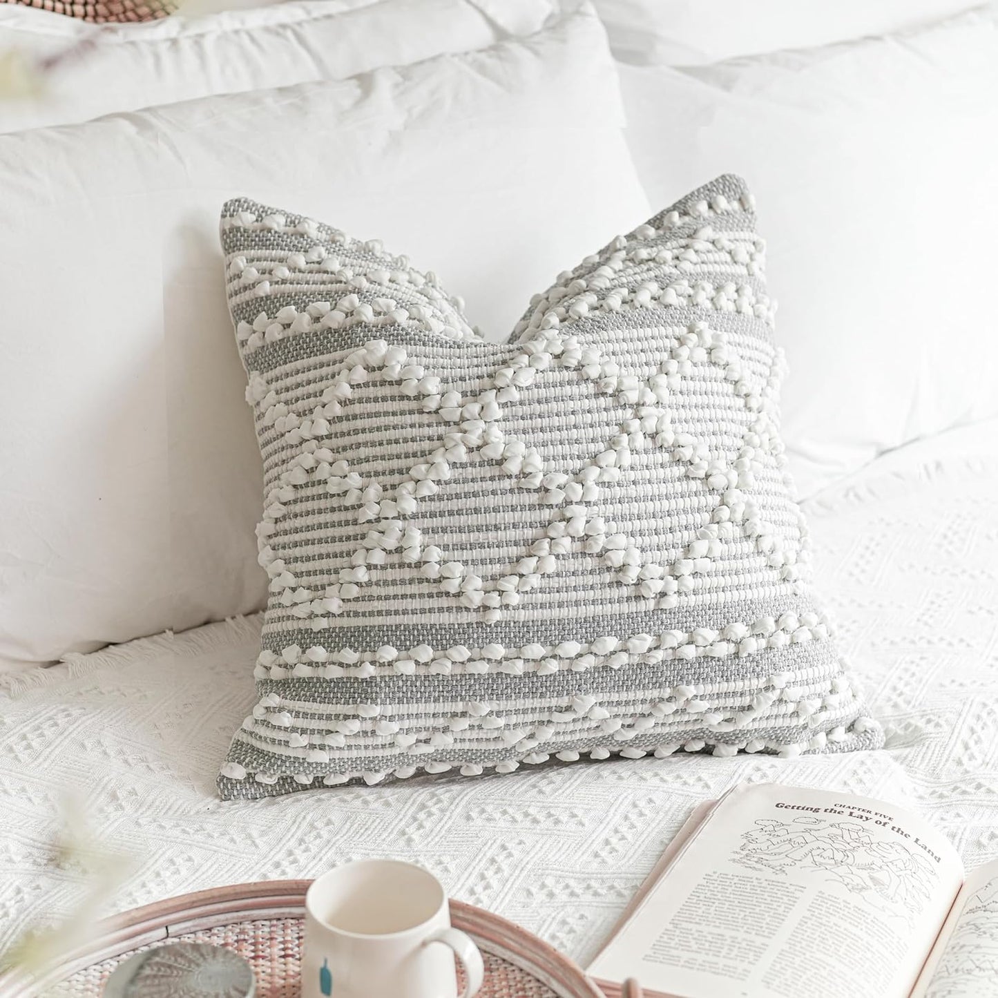 Gray Decorative Lumbar Pillow Cover 14x36, Boho Long Throw Pillow for Bed, Accent Lumbar Throw Pillow Case, Modern Farmhouse Textured Lumbar Cushion (Cover ONLY)