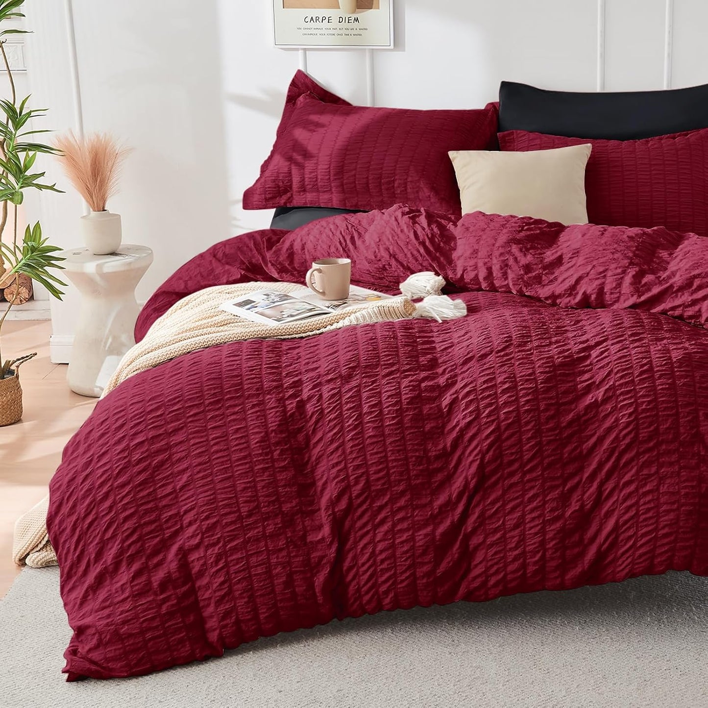 HYMOKEGE Beige Duvet Cover Queen Size, Ultra Soft 3-Piece Seersucker Duvet Cover Set with Zipper Closure, Soft Brushed Microfiber Bedding Set with 8 Corner Ties (90"x90", 2 Pillowshams)