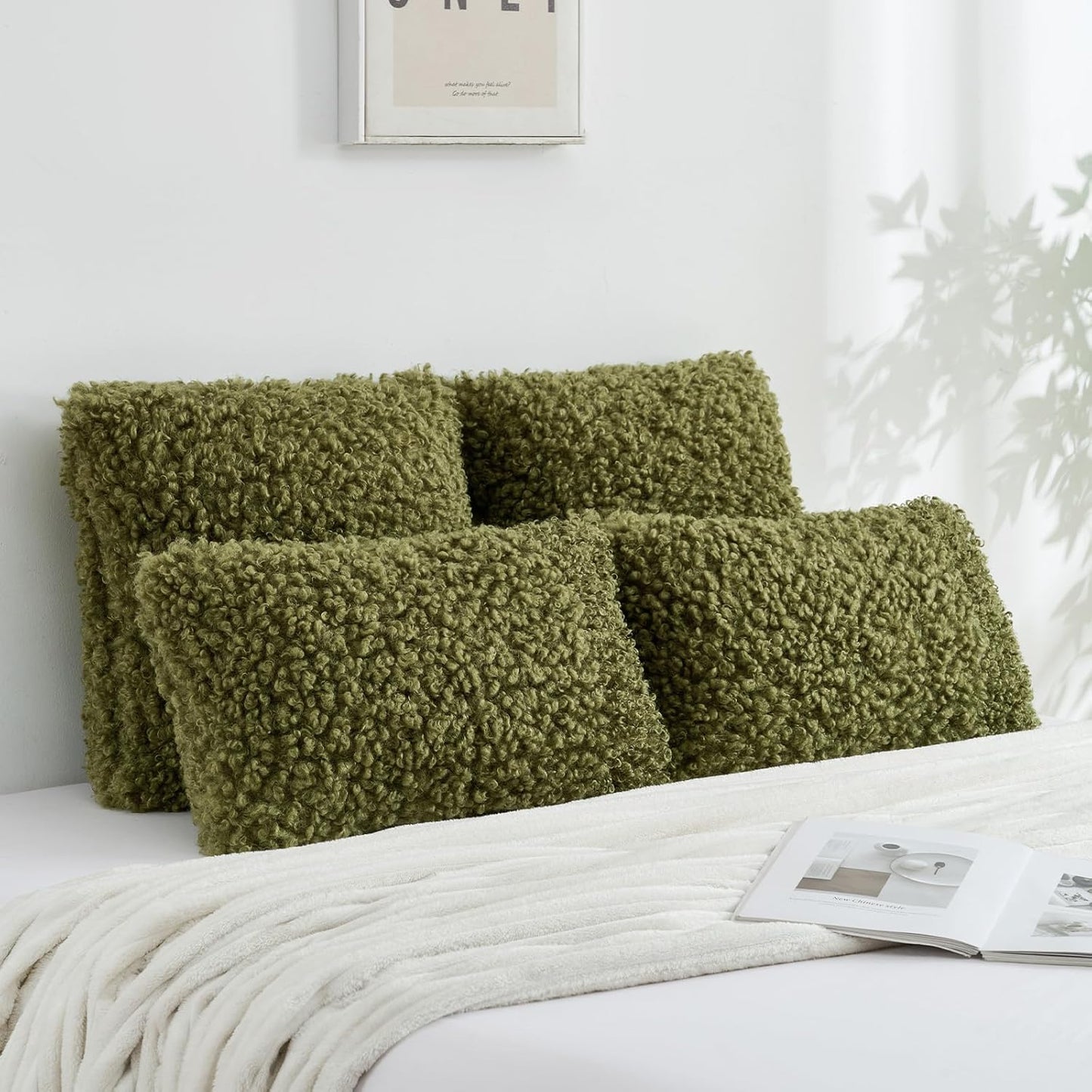 FUTEI Olive Green Decorative Throw Pillow Covers 18x18 Inch Set of 2,Soft Fluffy Faux Wool Fur Boucle Textured Cushion Case,Modern Home Decor for Couch Bed Living Room Office