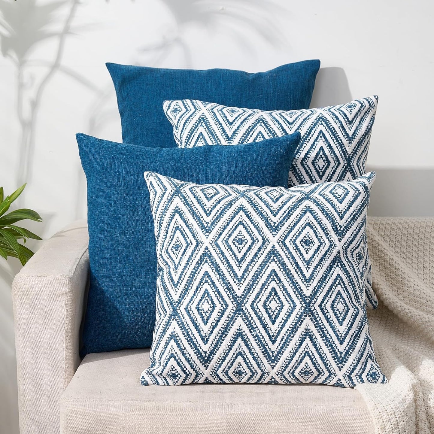 HPUK Decorative Throw Pillow Covers Set of 4 Square Couch Pillows Linen Cushion Cover for Couch Sofa Living Room, 18"x18" inches, Blue