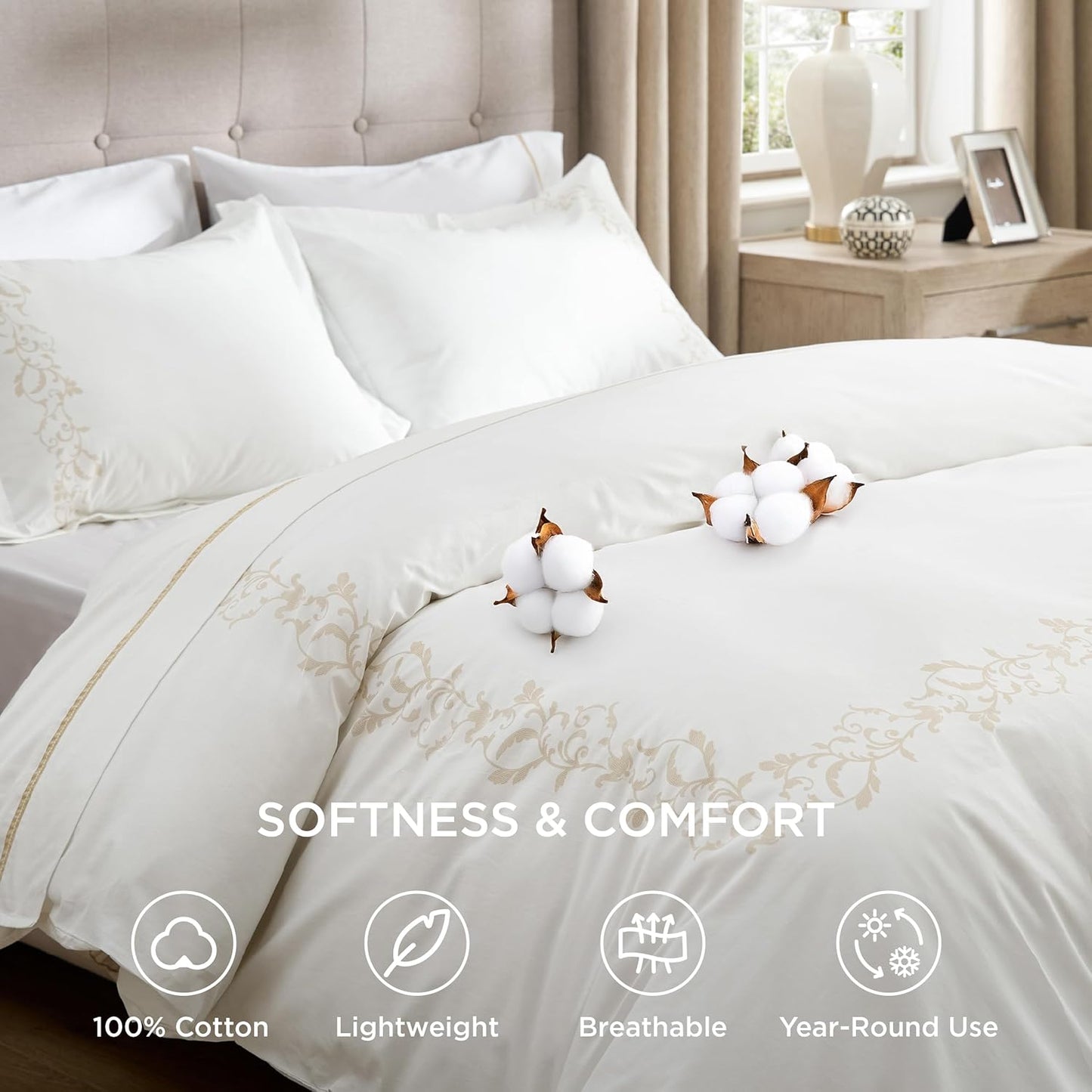 Bedsure Luxury Hotel Duvet Cover King Size, 100% White Cotton Curly Frame Bedding Set, Includes 1 Duvet Cover 104x90 Inches with Zipper Closure & 2 Pillow Shams, Comforter Sold Separately