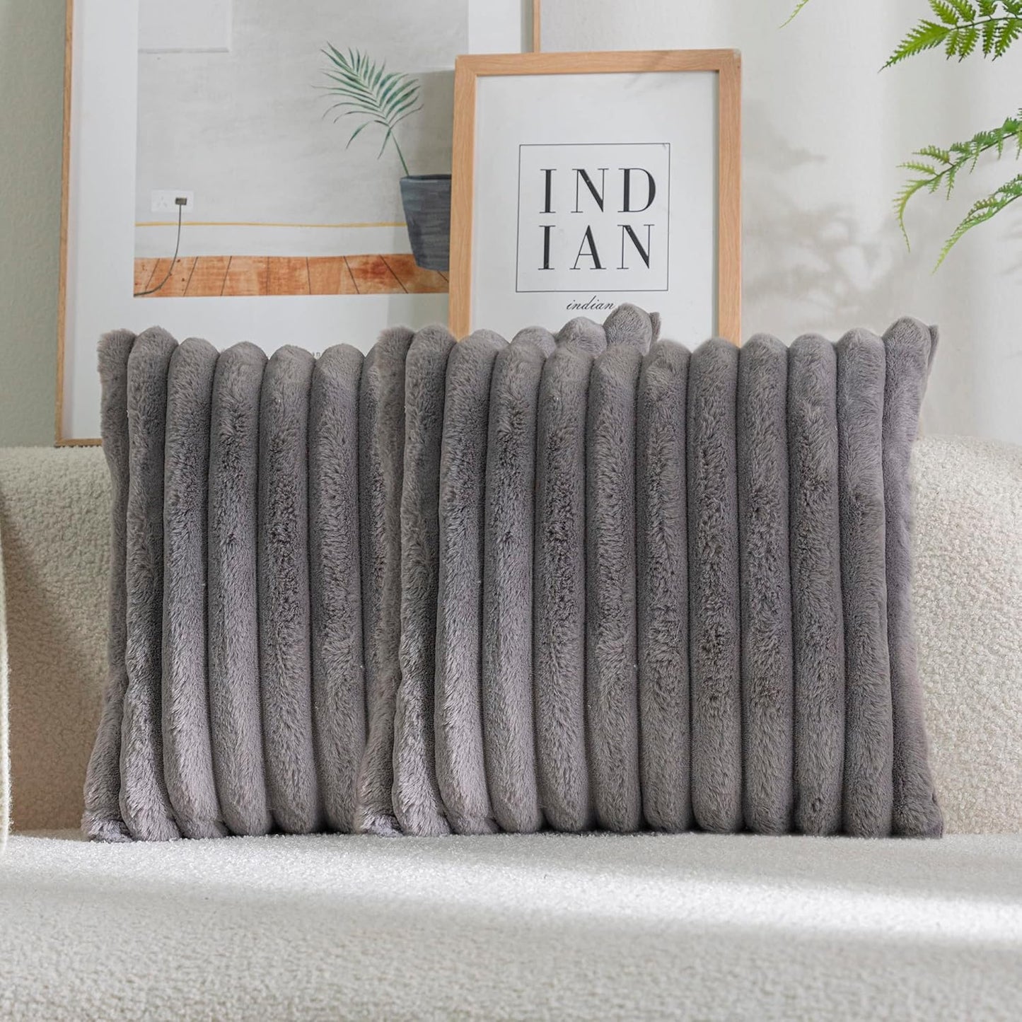 DEELAND Pack of 2,Double-Sided Faux Fur Plush Decorative Throw Pillow Covers Fuzzy Striped Soft Pillowcase Cushion Covers for Sofa Couch Bedroom Home, Cream White
