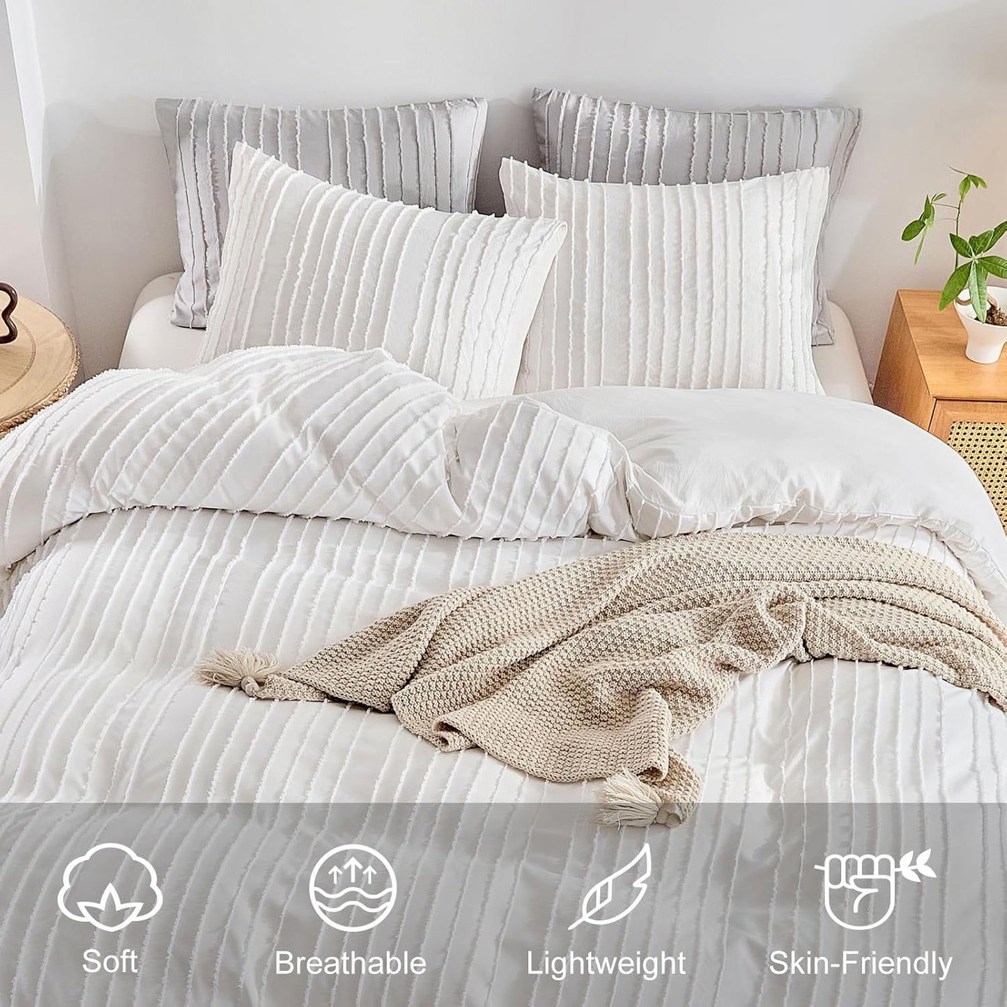WARMDERN White Boho Duvet Cover Set King Size, Striped Textured Duvet Cover Tufted Bedding Set, 3 Pcs Ultra Soft Washed Microfiber Duvet Cover with Zipper Closure (King, White)