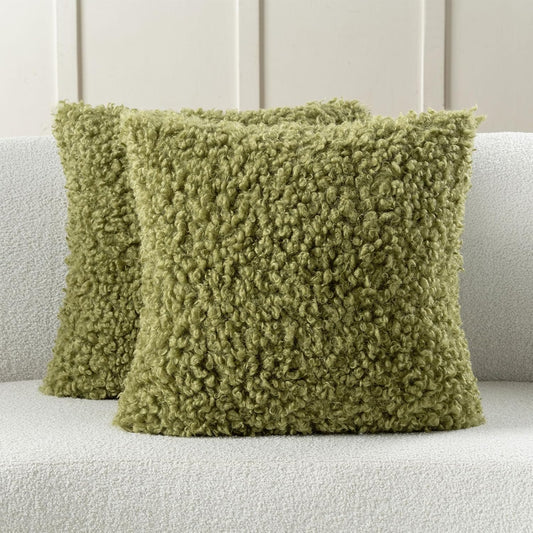 FUTEI Olive Green Decorative Throw Pillow Covers 18x18 Inch Set of 2,Soft Fluffy Faux Wool Fur Boucle Textured Cushion Case,Modern Home Decor for Couch Bed Living Room Office
