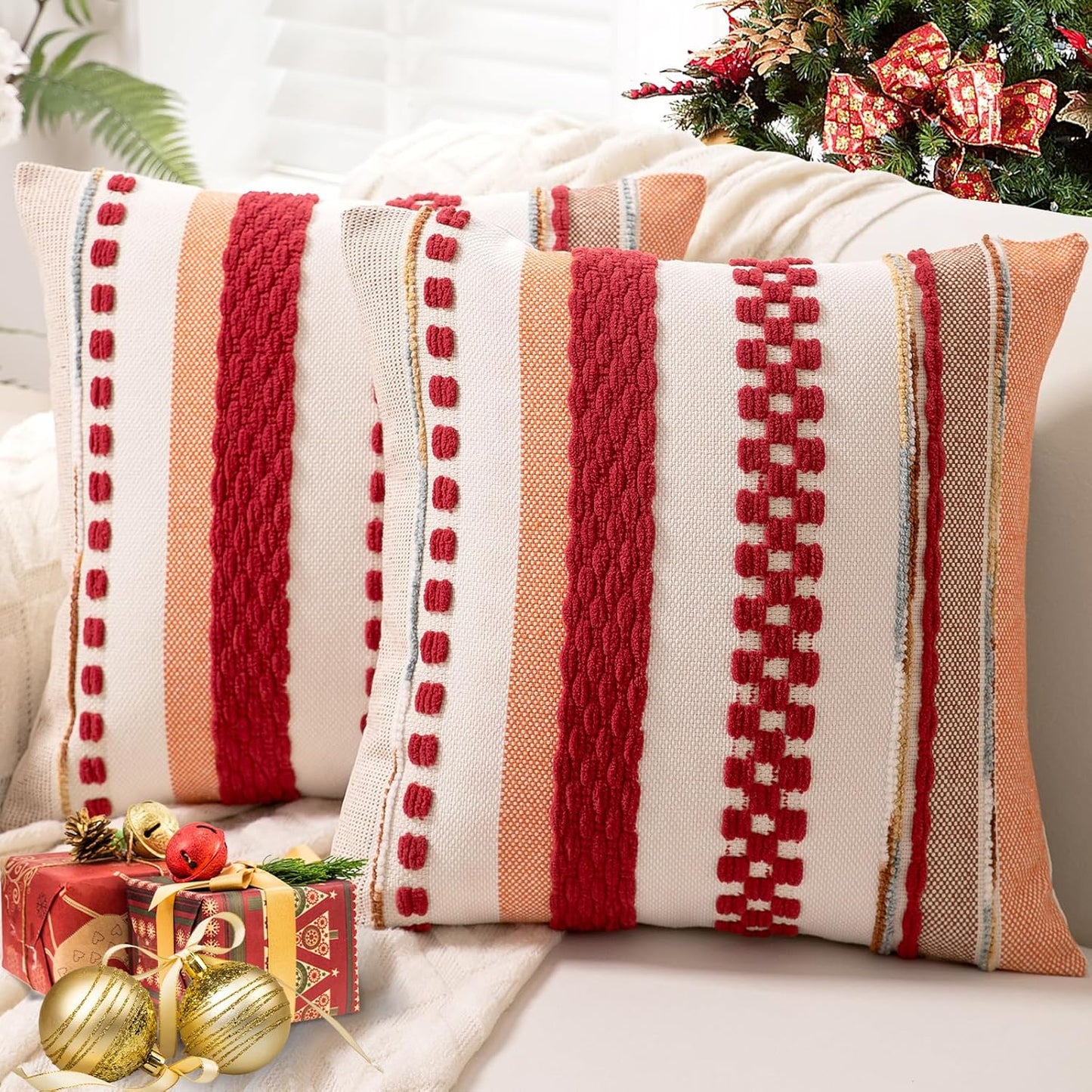 Boho Throw Pillow Covers 18x18 Set of 2 Farmhouse Decorative Cushion Case Striped Square Pillows Cover Chenille Pillow Cases Accent Neutral Pillowcase for Sofa Couch Bed,Sky Blue