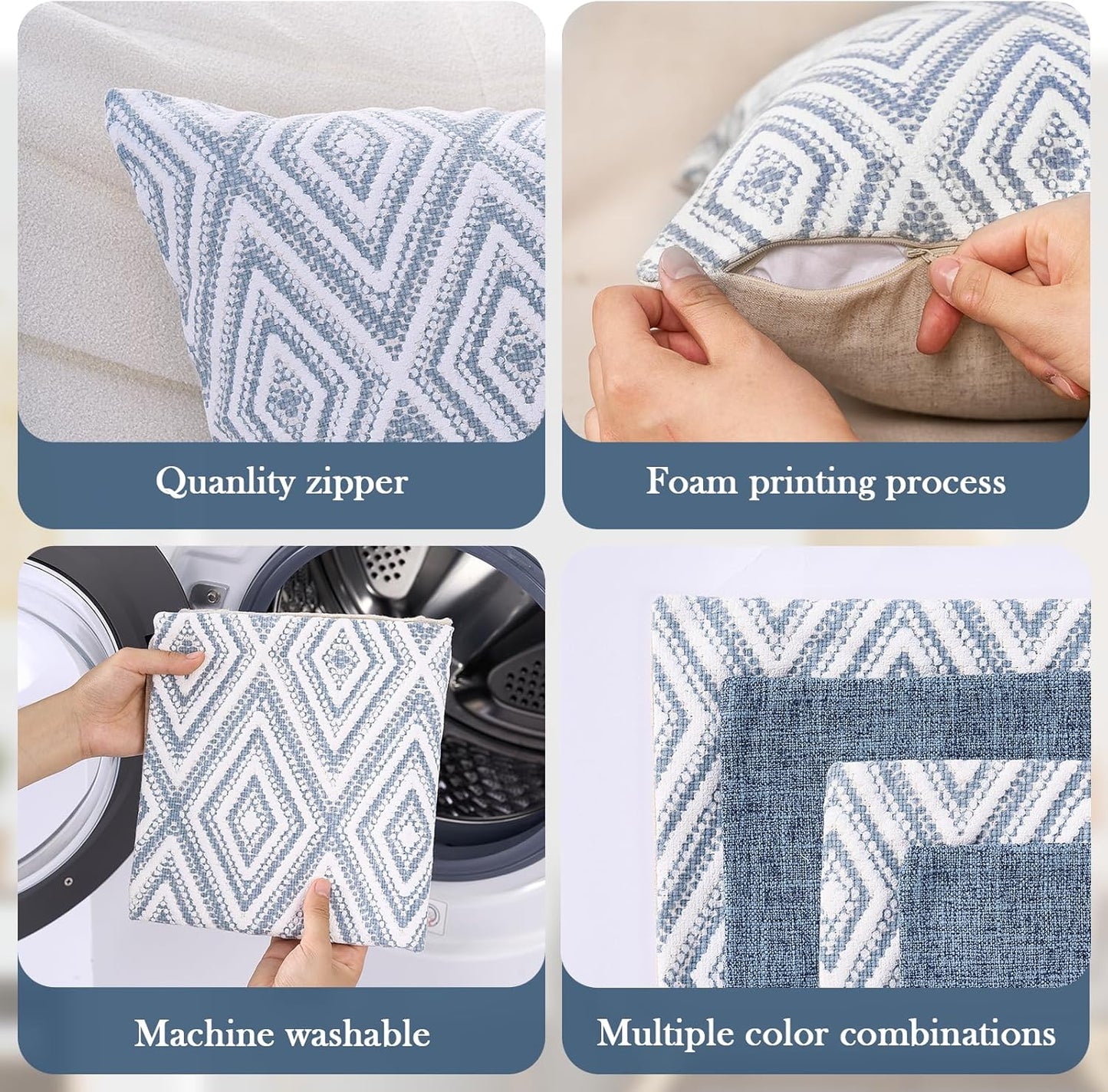 HPUK Decorative Throw Pillow Covers Set of 4 Square Couch Pillows Linen Cushion Cover for Couch Sofa Living Room, 18"x18" inches, Blue