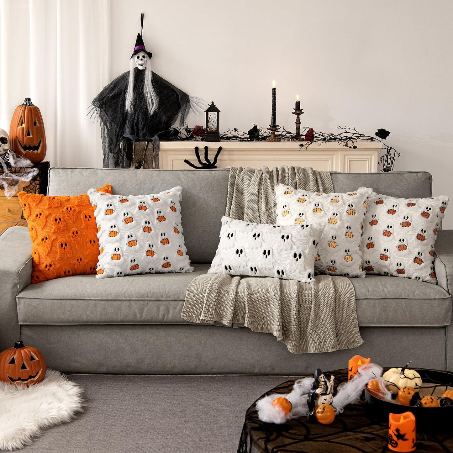 MIULEE Halloween Pillow Covers Decorative Fall Cute Ghost Plush Faux Fur Pillows 20x20 Inch Set of 2 Soft Pumpkin Accents for Sofa Couch Bed Living Room Festive Home Decor, White Rust