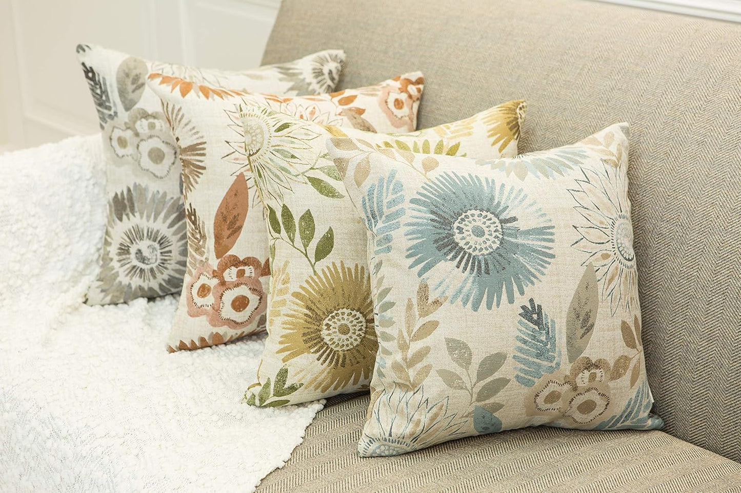 Pack of 2 Decorative Throw Pillows Cases Cushion Cover for Sofa Couch Bed,Sunflower Pattern,20x20 Inches,Blue Cream