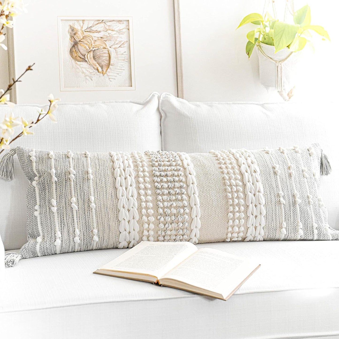 Gray Decorative Lumbar Pillow Cover 14x36, Boho Long Throw Pillow for Bed, Accent Lumbar Throw Pillow Case, Modern Farmhouse Textured Lumbar Cushion (Cover ONLY)