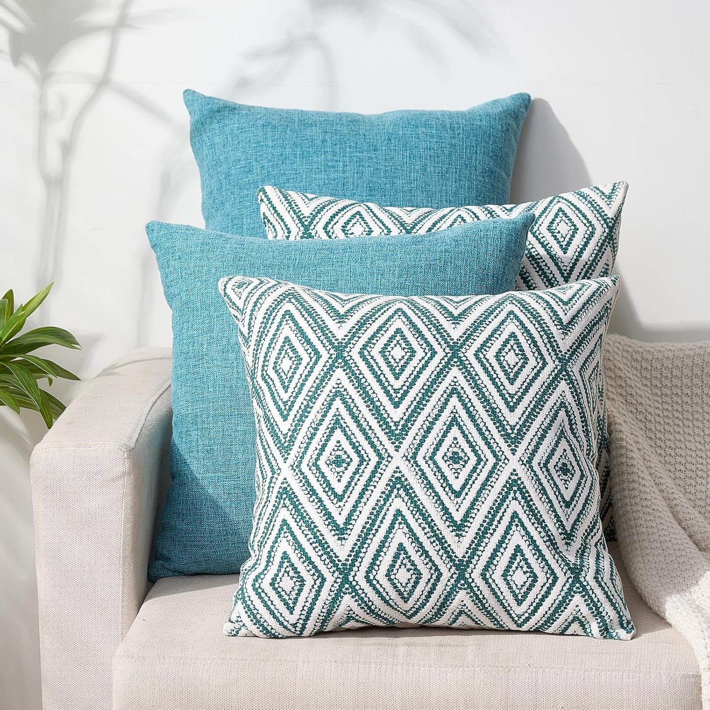 HPUK Decorative Throw Pillow Covers Set of 4 Square Couch Pillows Linen Cushion Cover for Couch Sofa Living Room, 18"x18" inches, Blue