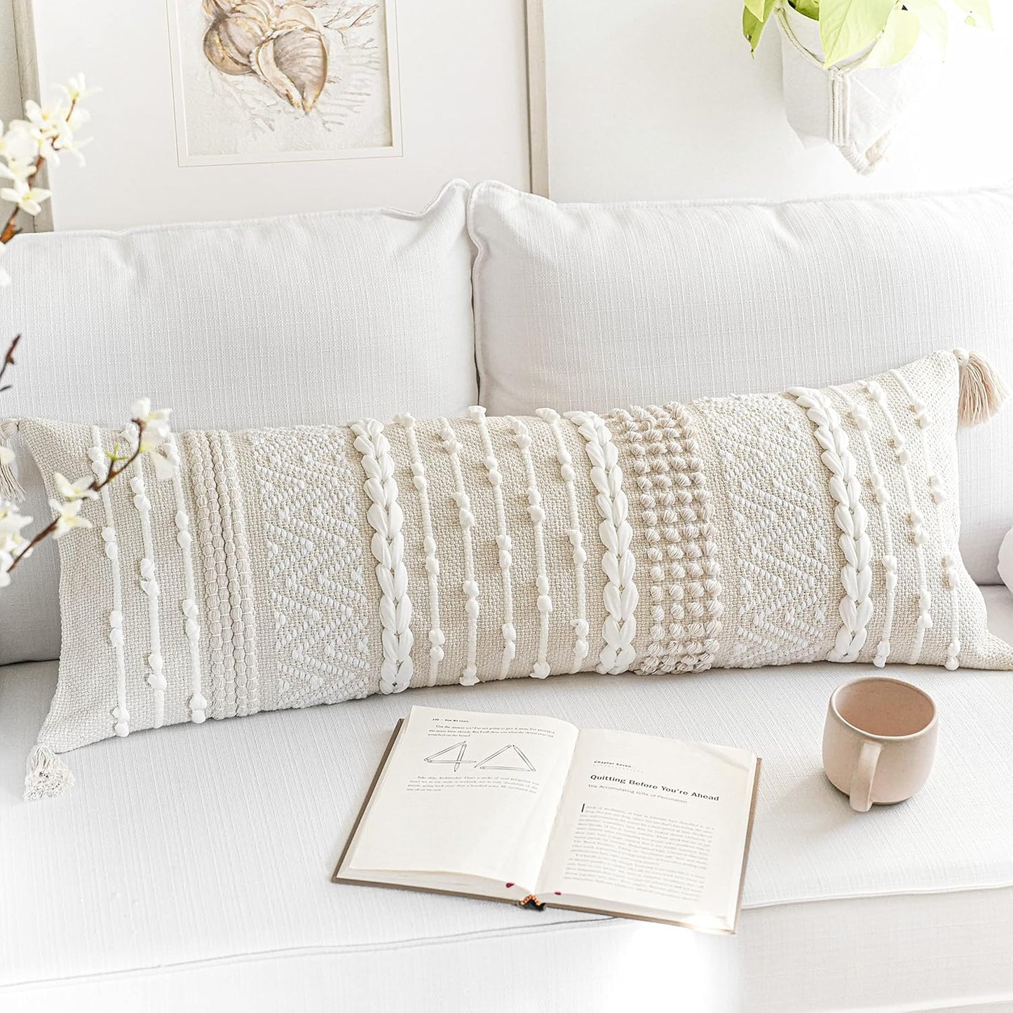 Gray Decorative Lumbar Pillow Cover 14x36, Boho Long Throw Pillow for Bed, Accent Lumbar Throw Pillow Case, Modern Farmhouse Textured Lumbar Cushion (Cover ONLY)