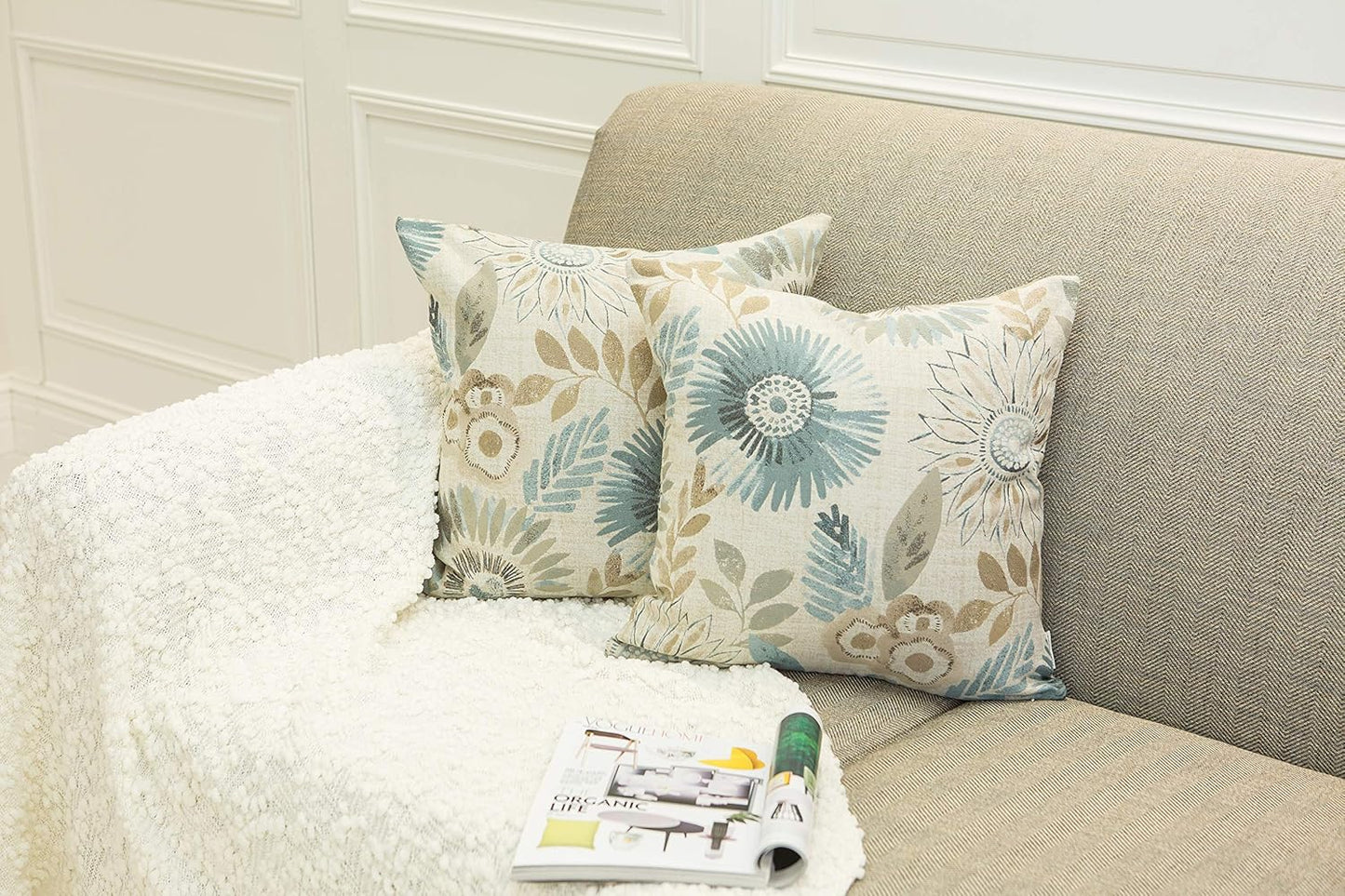 Pack of 2 Decorative Throw Pillows Cases Cushion Cover for Sofa Couch Bed,Sunflower Pattern,20x20 Inches,Blue Cream
