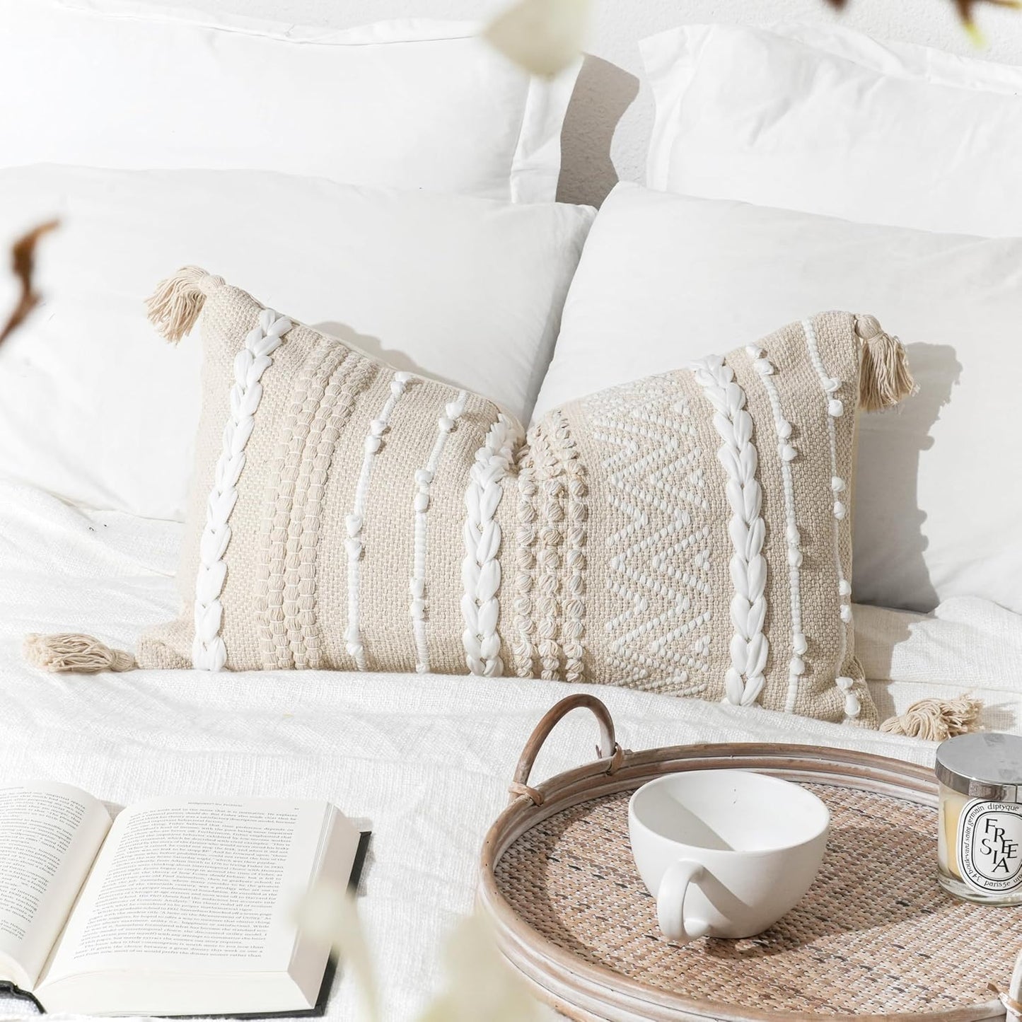 Gray Decorative Lumbar Pillow Cover 14x36, Boho Long Throw Pillow for Bed, Accent Lumbar Throw Pillow Case, Modern Farmhouse Textured Lumbar Cushion (Cover ONLY)