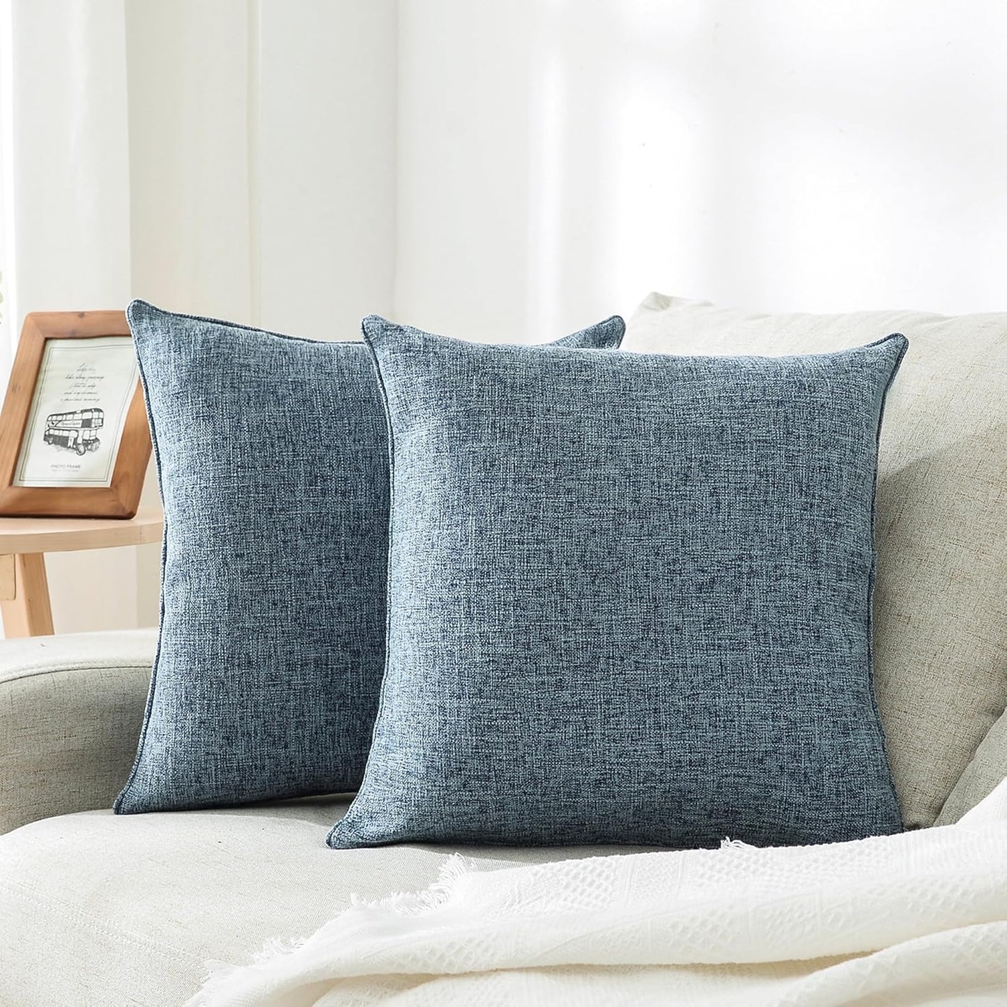 HPUK Decorative Throw Pillow Covers Set of 4 Square Couch Pillows Linen Cushion Cover for Couch Sofa Living Room, 18"x18" inches, Blue